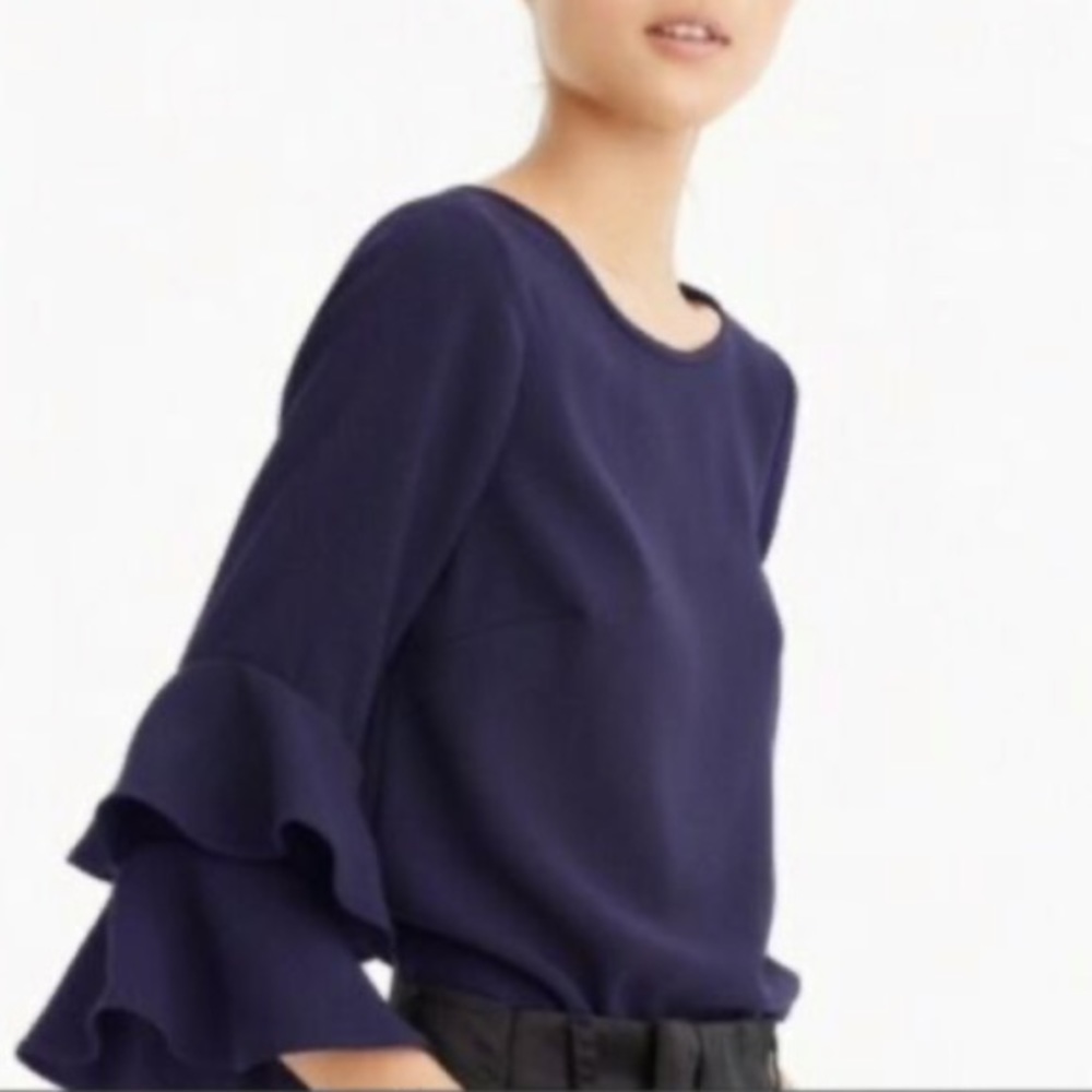 J. CREW Tiered Bell Sleeve Top in Drapey Crepe Navy Blue 8